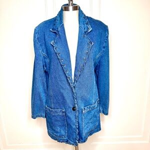 Vintage 90s Blue Denim Jacket with Lace Up Grommet Edge, Y2K Boho Jean Blazer